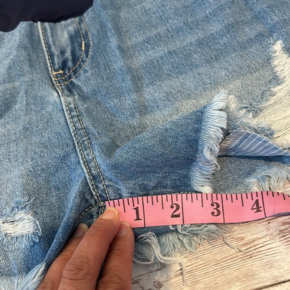 Pinkblush Dark Wash Distressed Fringe Hem Maternity Full Panel Jean Shorts - Picture 7 of 10